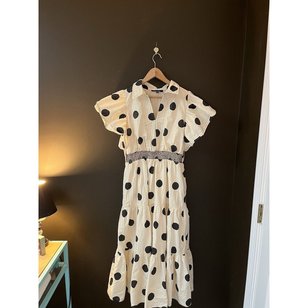Strut & Bolt L Polka Dot Maxi Dress Flutter Sleeve Tiered Boho Black Ivory